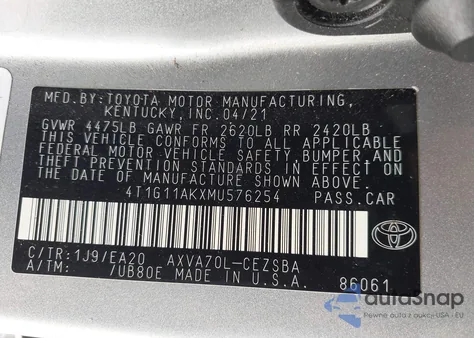 2021 Toyota Camry Se from USA, damaged, VIN 4T1G11AKXMU576254